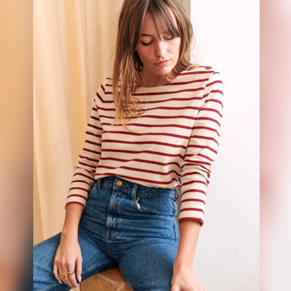 Sezane Red and White Striped Long Sleeve Tee